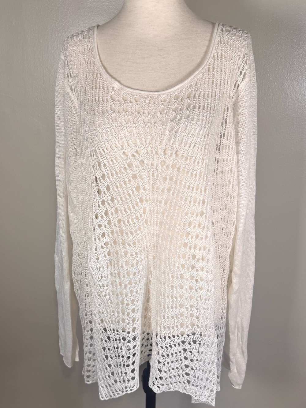 NWT Eileen Fisher Linen Sweater 3X White Crochet Minimalist Open Knit Pullover